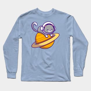 Cute Astronaut Cat Lying On Planet Long Sleeve T-Shirt